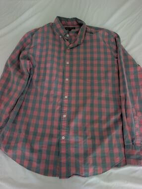 J Crew Mercantile Flex Button Down Shirt Mens L Blue and Pink Check Long Sleeve
